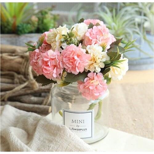 Silk Hydrangeas Artificial Flowers High Quality White Wedding Flowers Small Bouquet Fake Flower Party Home for Decoration Pink