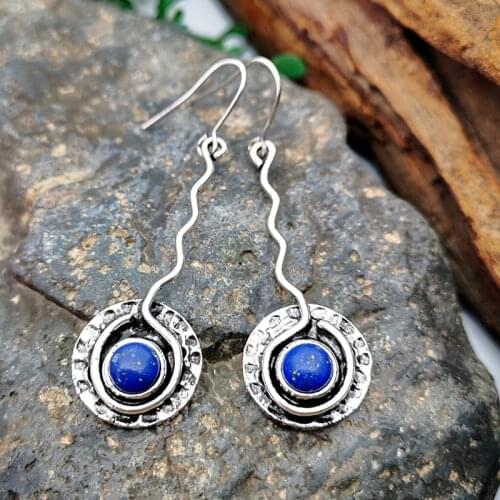 Vintage Handmade Copper Wire Winding Stone Earring Round Natural Lapis Lazuli Dangle Earrings for Women Boho Jewelry