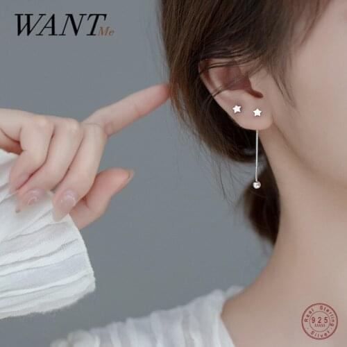 WANTME 925 Sterling Silver Simple Trendy Korean Star Chain Tassel Bead Stud Earrings for Women Chic Teen Unique Party Jewelry