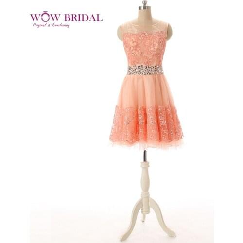 Wowbridal Coral Lace Short Homecoming Dresses 2021 New Zipper Scoop Junior High Cute 8th Grade Graduation Dresses SH0013
