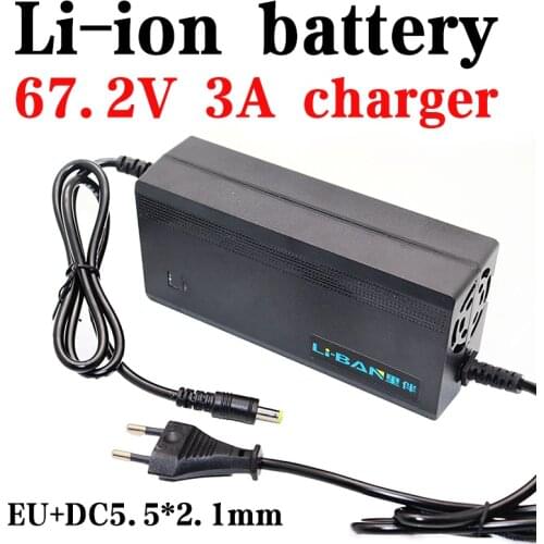 67.2V 3A Li-ion battery charger 16S 60V Li-ion battery pack charger DC5.5*2.1mm smart power-off with fan AC 100-240V EU/US plug