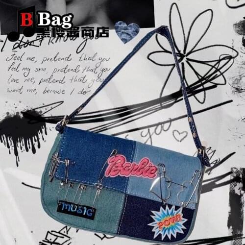Women shoulder bag Denim stitching punk Street underarm bag Y2K female metal love pin Handbag tote Satchel Spice Girls