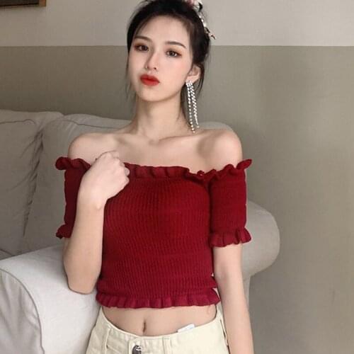 Girls Stretchy Ruffle Sleeve Crop Top Women Summer Slash Neck Tight Rib-knitted Plain Sexy T-shirt