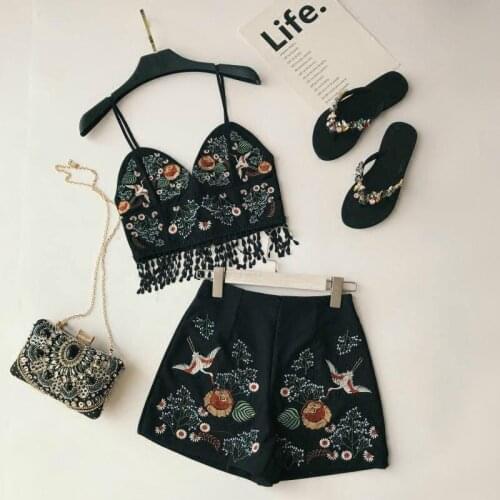 Women 2019 Summer Sexy Suits Two Piece Floral Embroidery Bohemia Little Camis&Mini Pants Sets Fashion Holiday 2PC Shorts Sets
