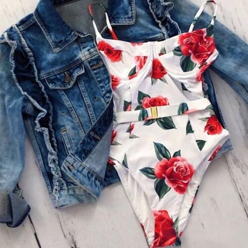 2020 Rose Print One Piece Swimsuit Women Sexy Swimwear Plus Size Bathing Suits With Padded Maillot De Bain 2023