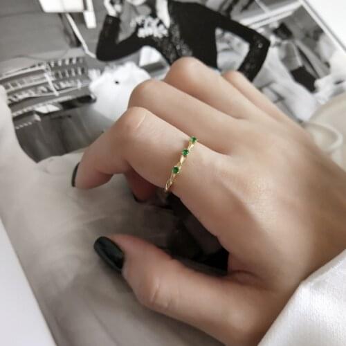 925 Sterling Silver Wild Gold Tiny Screw Wire Braided Opening Ring Green Rhinestone Crystal CZ Ring Birthstone Jewelry Women