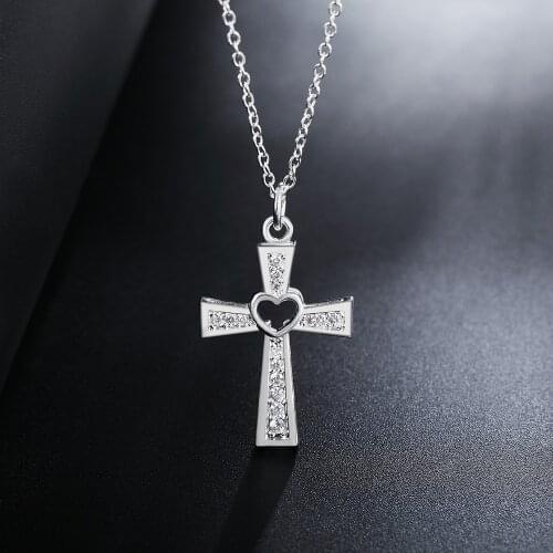 Silver for women Heart Cross crystal CZ Zircon necklace jewelry silver jewelry fashion cute wedding Valentines Day gift