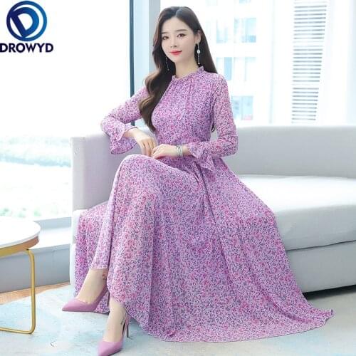 Fashion Purple Print Chiffon Autumn O Neck Dress 2021 Women Bohemian for Party Elegant Robe Blue Long Sleeve Bodycon Vestidos