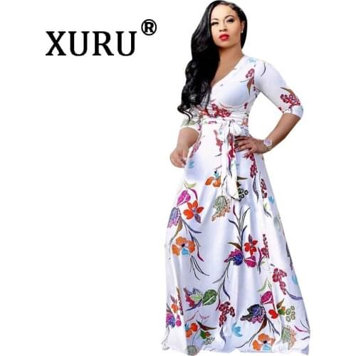 XURU Bohemian Beach Print Dress Deep V-neck Halter Irregular Print Dress White Black Colorful Large Size Dress