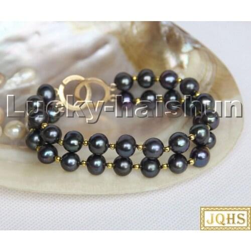 Genuine 8" 2row 10mm round Black freshwater pearls Bracelet c267