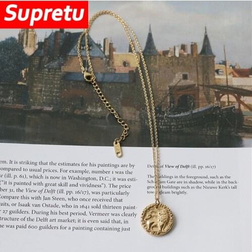 Vintage Gold Coin Chain Necklace for Women Gothic Embossing Round Animal Lion Pendant Long Choker Collar Charm Jewelry 2021 New