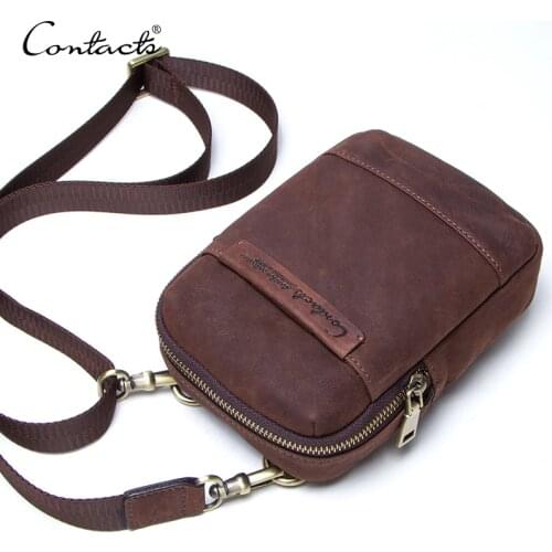 CONTACTS genuine leather vintage men phone bag for belt shoulder bag with card holders male travel waist pack crossbody bags