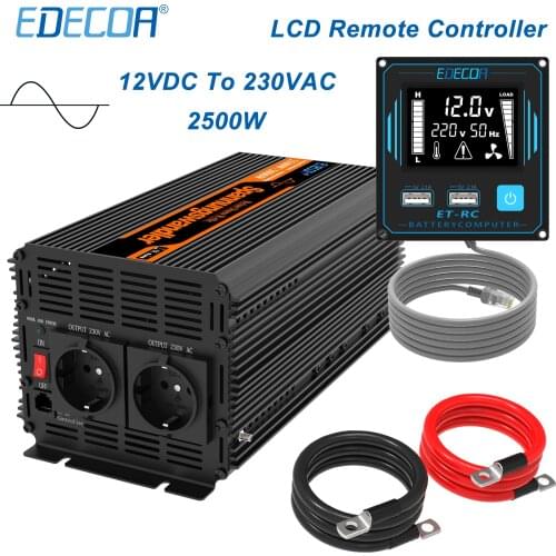 EDECOA pure sine wave DC 12V to AC 220V 230V 2500W power inverter new remote controller with 5V 2.1A USB LCD display