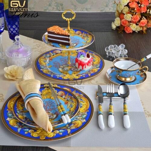 European Bone China Tableware Food Coffee Cup Plate Knife Fork Spoon Chopsticks Double Layer Snack Plate
