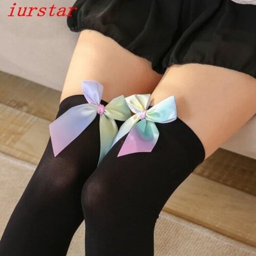 Iurstar 80D Velvet Knee Socks Women Sexy Thigh High Stockings Nightclubs Stockings Colorful Bow Flower Knee Pantyhose Stockings