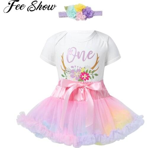 Summer 3Pcs Newborn Baby Girls 1st Birthday Clothes Set Short Sleeves Romper Tulle Mesh Skirt with Flower Headband Baby Clothing
