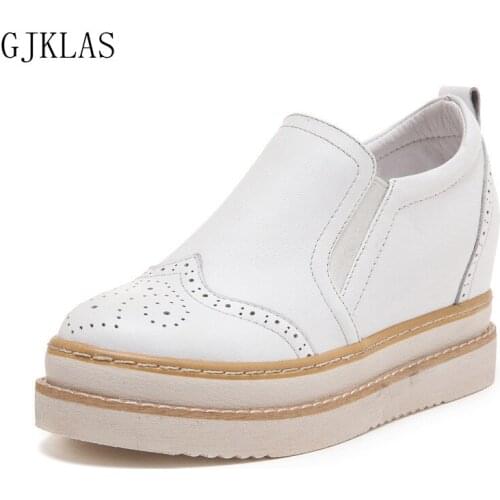 Brogue Genuine Leather Casual Shoes Wedge Platform Sneakers Womens Heels White Slip on Shoes for Women Fashion Chunky Sneakers