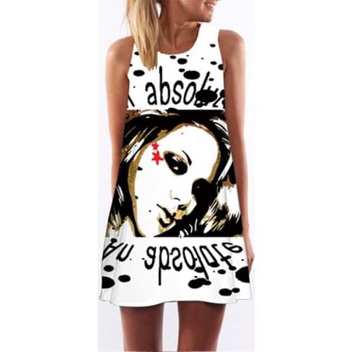 New womens dress character 3D printing round neck off shoulder miniskirt summer loose casual fashion vest dress