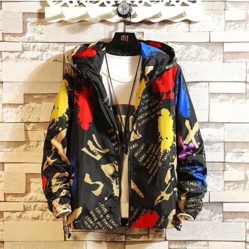Mens New Autumn and Winter Fashion Multicolored Printed Zipper Hat Jacket Casual Jacket and Jacket 2020