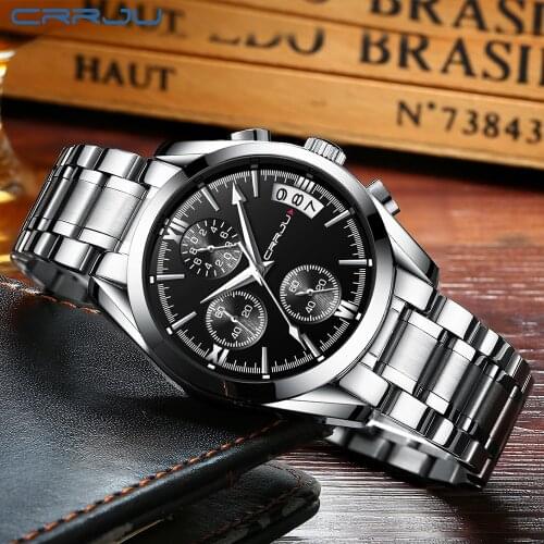 CRRJU Large dial design Chronograph Sport Mens Watches Fashion Brand Military waterproof Quartz Watch Clock Relogio Masculino