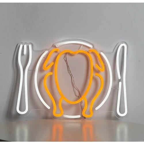 Roast Chicken Neon Sign Knife Fork Food Delivery Eatser Festival Decorative Orange Lamp Room Kitchen Restaurant Bar Party Decor