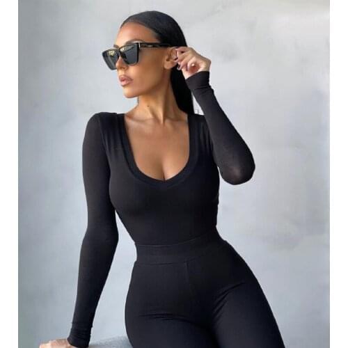 2021 New Women Solid Color Bodysuit Tops Autumn Ladies Long Sleeve U Neck Bodycon Bodysuits Sexy Vintage Body Top Female