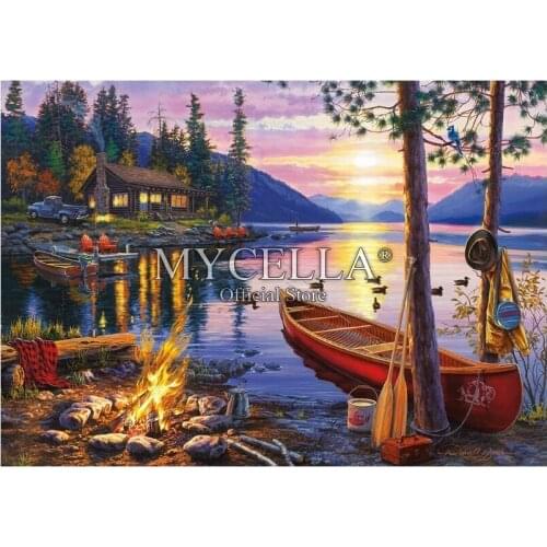 Canoe Lake,diamond painting full,diamond embroidery Cross Stitch,diy,diamond Mosaic,Lakes,Fishing,Sunrise,Sunset,Christmas,Gifts