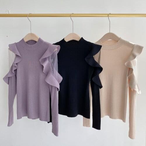Neploe O Neck Pullover Long Sleeve Knit Sweater Women Ruffles Patchwork Slim Fit Pull Femme Spring 2021 New Sueter Mujer