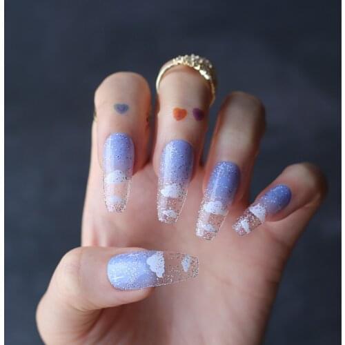 Luxurious Coffin Blue clear Ombre Clouds Glow Jelly Cloud Sheer Blue Sky Glitter Summer Fake nails Dreamy Stars