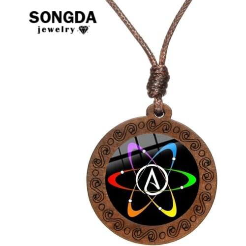 SONGDA Materialism Atheism Necklace Atheist Symbol Glass Photo Cabochon Wooden Pendant Necklace Creative Gift for Science Lovers