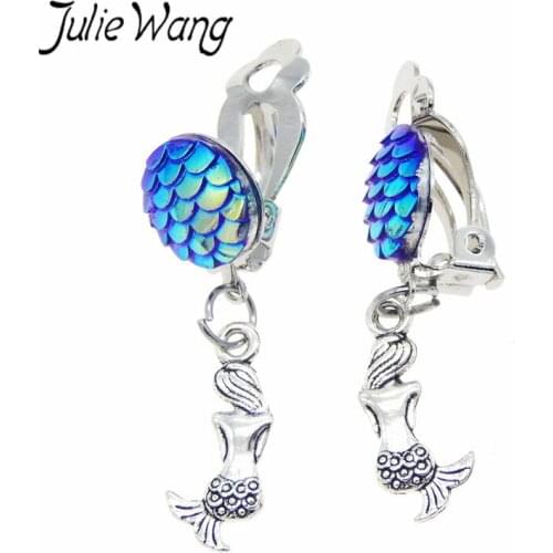 Julie Wang 2pcs/package 12mm Mermaid Jewelry Earrings Clip Halloween Theme Party Funny Crafts Girl Dream Fairy Tale