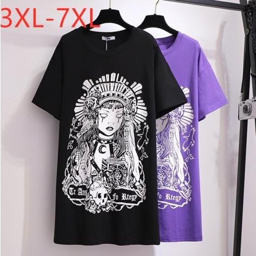 New 2021 summer plus size tops for women large loose casual short sleeve black purple cotton print long T-shirt 4XL 5XL 6XL 7XL