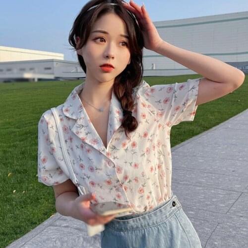 Women Summer Young Cute Sweet Japanese Style Sexy Shirt Harajuku Casual Wild Women Floral Casual Loose Short Sleeve Shirt