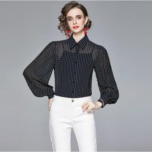 High Quality Runway Black Chiffon Blouse Spring Fashion Womens Turn Down Collar Dot Lantern Long Sleeve Office Shirt Tops