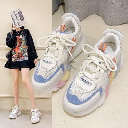 Women Chunky Sneakers Synthetic Leather Mesh Patchwork Round Toe Lace-Up Thick Sole Ladies Breathable Shoe