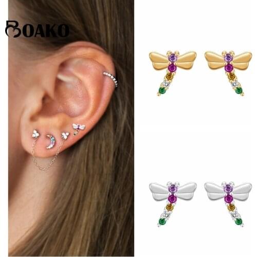 BOAKO 925 Sterling Silver Colored Dragonfly Zircon Piercing Stud Earring For Women 2021 Pendientes Fine Jewelry Earring for Gift