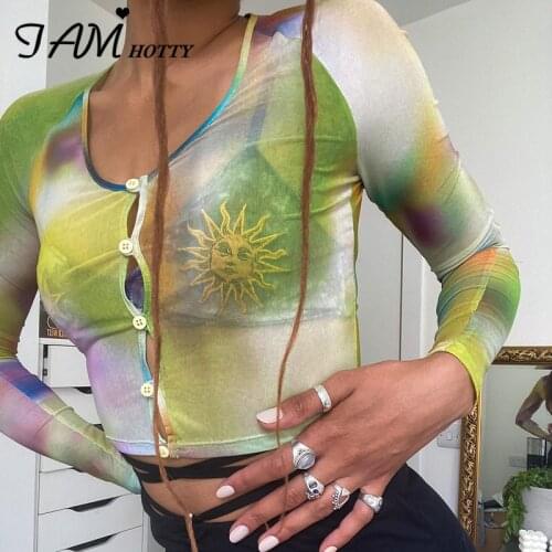 Gradient Sun Embroidery Mesh Cropped Top Tee Women Harajuku Long Sleeve Sexy Transparent Single-breasted Shirt Ladies Iamhotty