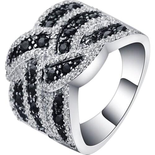 Large White & Black Zircon Stone X Letter Rings Jewelry Silver Color Vintage CZ Pave Bands Finger Ring Women Punk Design Jewelry