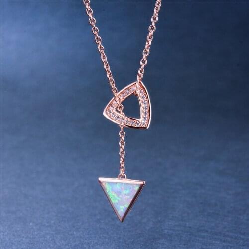 Boho Female Small Triangle Pendants Necklaces White Blue Fire Opal Necklace Vintage Rose Gold Color Chain Necklaces For Women