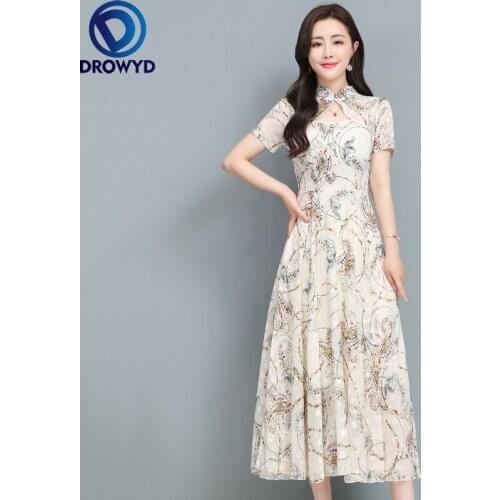 2021 Summer Sexy Beach Maxi Dress Elegant Cheongsam Dress Temperament Printed Hollow Stand Collar Short Sleeve Dresses Vestidos