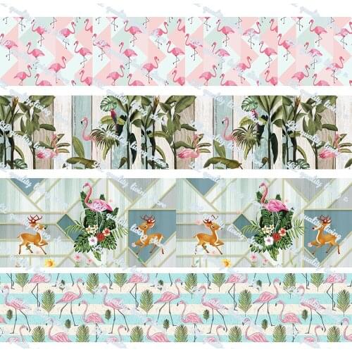 16-75MM Geometric Flamingo Printed Grosgrain Ribbon 50 Yards/Roll Tape Clothing Bakery Gift Wrapping Accessory Hairbow Head