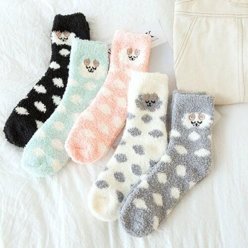3 Pairs New Winter Thickened Warm Sleep Women Socks Embroidery Plush Long Socks Coral Fleece Sheep Print Cute Soft Girl Socks