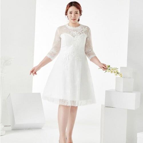 White Embroidery O-Neck Prom Dress Empire Three Quarter Sleeves Pleat Knee-Length Fashion A-Line New Formal Gowns For Women D779