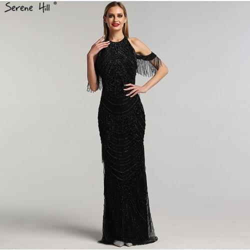 Black Halter Backless Sexy Luxury Evening Dresses 2020 Tassel Beading Sleeveless Mermaid Formal Dress LA6229