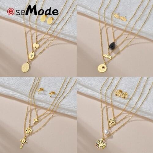 ELSEMODE Bohe 3 Layers Cross Mama Tree of Life Women Jewelry Set Stainless Steel Virgin Mary Earring For Mothers Day Gifts