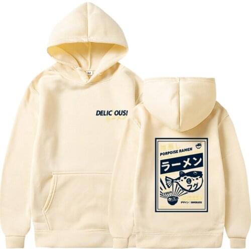Puffer Fish Ramen Print Fleece Hoodies Hip Hop Casual Pullover Hooded Sweatshirt Men Harajuku Casual Fashion Streetwear