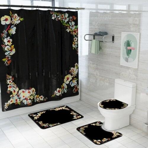 Black Printed Non Slip Bathroom Mats Set Shower Mat Soft Flannel Rugs for Bathroom Toilet Carpet and Shower Curtain Waterproof