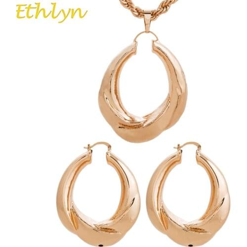 Ethlyn Nigerian Rose Gold Color Hoop Earrings Pendant Necklace Womens Jewelry Sets Copper Party African Jewelry Sets S191