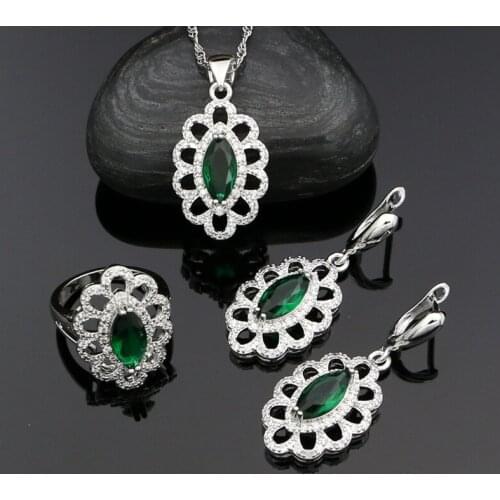 Silver 925 Earrings Pendant Necklace Ring Jewelry Sets for Women Bride Girls Green Emerald Silver Kit