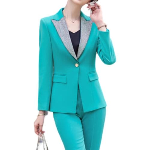 Lenshin Candy Color 2 Piece Patchwork Suit Set for Women Business Office Lady Work Wear Formal Business Green Pant Suits